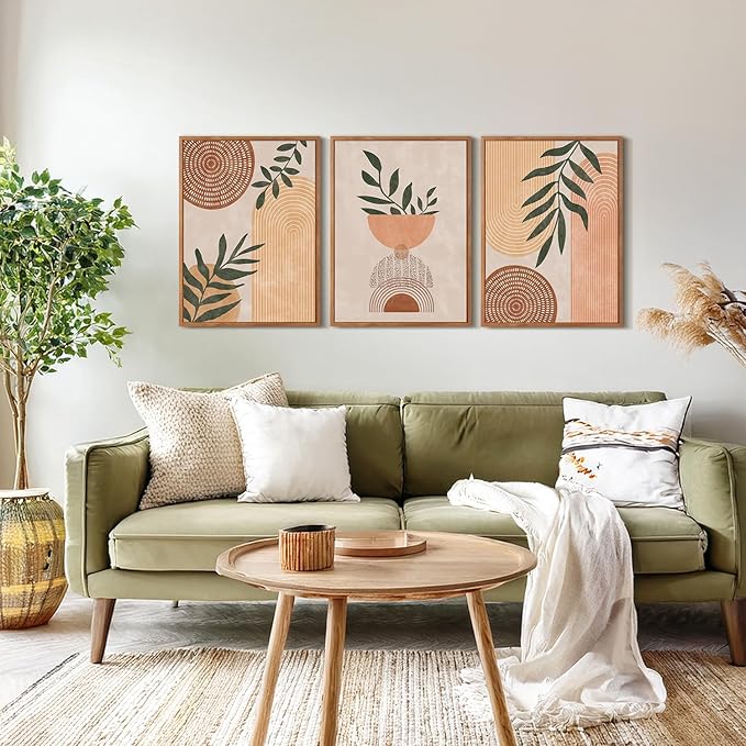 CHDITB Boho Geometric Framed Canvas Wall Art Set Of 3, Modern Minimalist Wall Decor, Bohemia Sage Leaves Painting, Mid Century Office Art Prints For Living Room, Bedroom Decor(12X16 Inch)