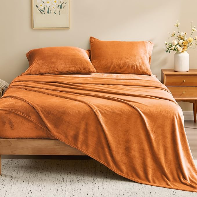BEDELITE Flannel Sheets Full Size Burnt Orange - Super Soft Fall Fleece Sheets Set Fluffy Extra Plush, 4 Piece(Include Fitted Sheet, Flat Sheet, 2 Pillowcases)