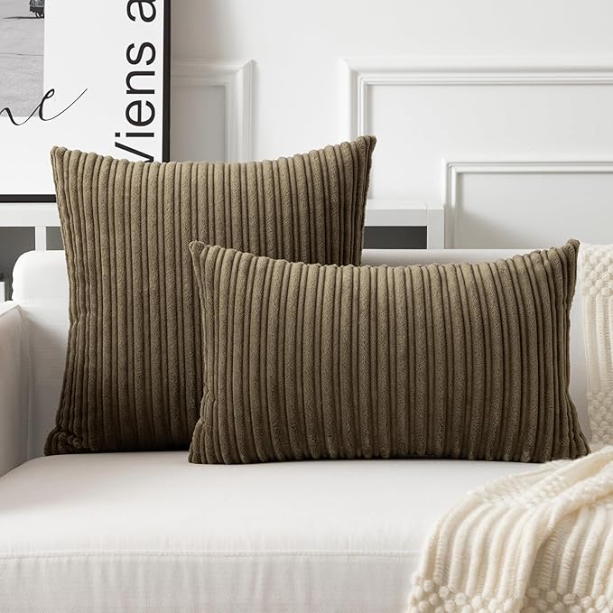 UGASA Velvet 12x20 Inch Lumbar Soft Throw Pillow Cover Boho Farmhouse Decorative Corduroy Striped Both Sides Solid Rectangular Cushion Case for Couch Bedroom Sofa Home, 1 Piece, Olive Green