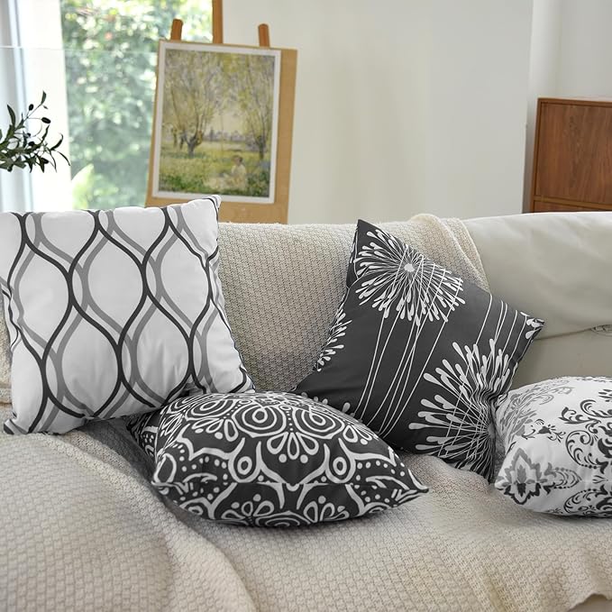 Coliuso Decorative Throw Pillow Covers 18x18 Set of 4, Dark Grey and White Modern Simple Square Pillow Case Cushion Cover for Sofa Couch Farmhouse Outdoor Living Room (Dark Gray and White, 18x18 inch)