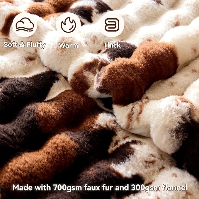 Faux Fur Throw Blanket, 1000GSM Fluffy Soft Bubble Blanket for Couch Bed, Cozy Plush Warm and Thick Blanket, Fuzzy Rabbit Throw for Living Room Bedroom 90''*104'' Cow Brown