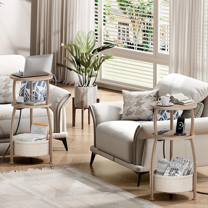 Side Table with Charging Station, Small Round End Table with Basket, USB Port and Outlet, 3 Tiers Sofa Couch Table Bedside Table for Living Room Bedroom, Small Spaces, 11.81in Light Oak