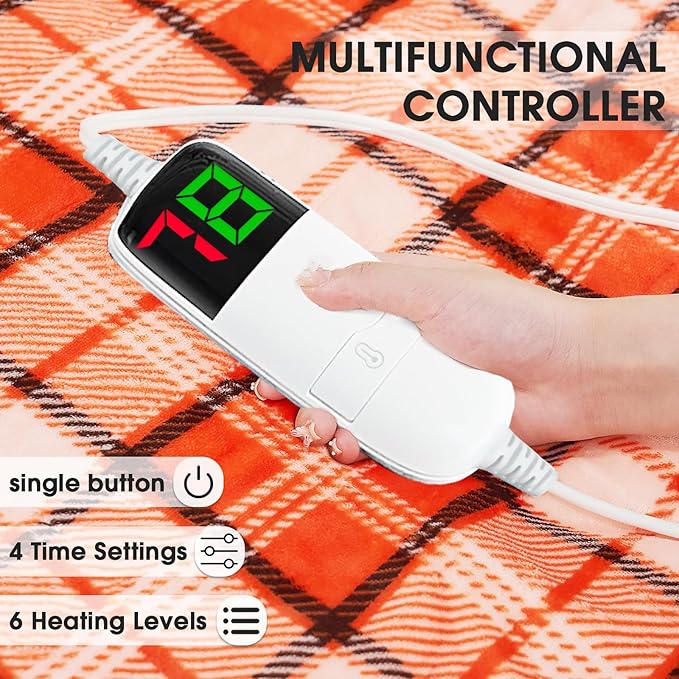 OCTROT Heated Electric Blanket Queen Size, 84X90 Heating Blanket Queen with Dual Control&10 Heats Levels&Timer for Bed,Orange Plaid Sherpa Blankets Warmer Gift for Grandma Women Halloween Home Decor