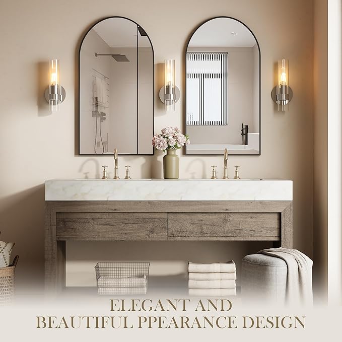 Wall Sconce Set of Two, Hardwired Bathroom Wall Sconces Lighting with Clear Glass, Modern Wall Sconces Set of 2 Wall Light fixtures for Bathroom Mirror Living Room Hallway Bedroom(Silver)