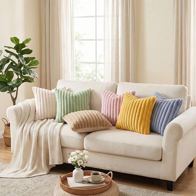 Pallene Faux Fur Plush Throw Pillow Covers 22x22 Set of 2, Luxury Soft Fluffy Striped Decorative Pillow Covers for Sofa, Couch, Living Room, Mustard Yellow