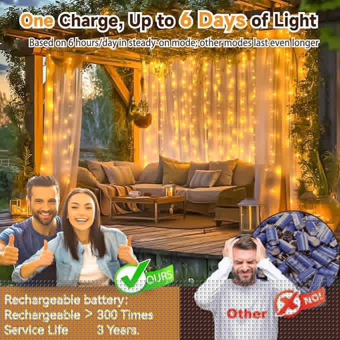 HXWEIYE Rechargeable 300LED Curtain Lights Battery Powered, 9.8x9.8Ft Outdoor Fairy String Lights with Remote & DIY Timer, 8 Modes Twinkle Light Waterproof for Indoor Backdrops Wedding, Warm White