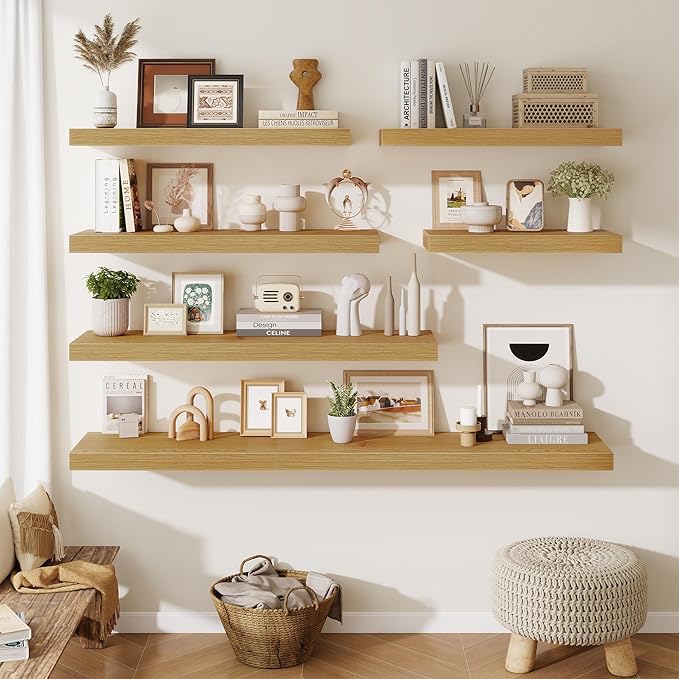 Fun Memories 24 Inch Floating Shelves Wall-Mounted, 12 Inch Deep Wall Shelves, 24 x 12 Floating Shelf, Deep Storage Shelf for Living Room Bathroom Bedroom, Oak, Set of 2