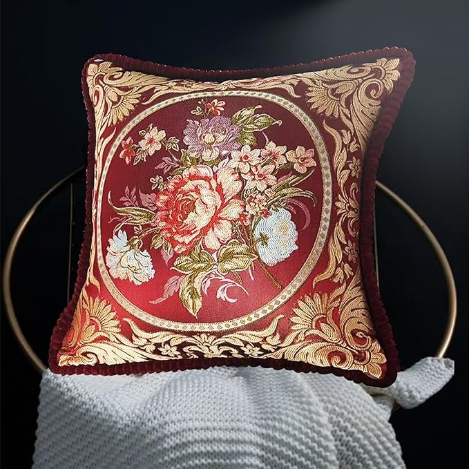 SZHELEJIAM Embroidered Pillow Cover Set of 2, Jacquard Throw Pillow Covers,Vintage Floral Decorative Cushion Covers for Sofa, Bed, Lounger.18.8x18.8 Inch Red