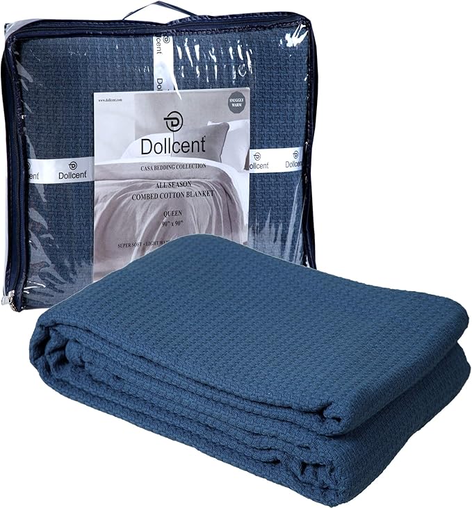 DOLLCENT 100% Cotton King Size Blanket for Bed, Premium Soft Combed Lightweight Blankets, Washed Breathable Cozy Bed Throw Blanket, Navy King Cotton Blankets for All Season: Navy (108"x90")