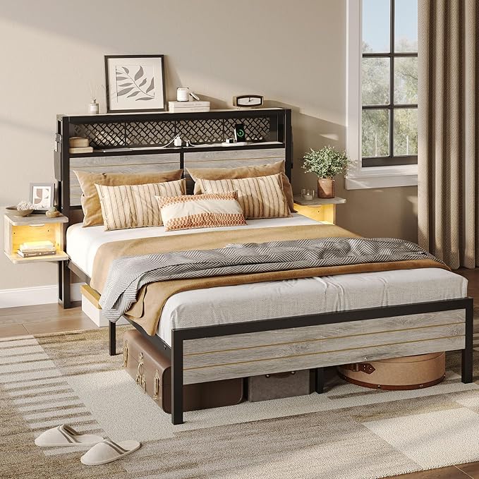 Bestier Full Bed Frame with Horizontal Golden Stripe Storage Headboard&LED Nightstands, Metal Platform Bed with Charging Station, Heavy Duty Metal Slats, No Box Spring Needed, Noise Free(Grey Oak)