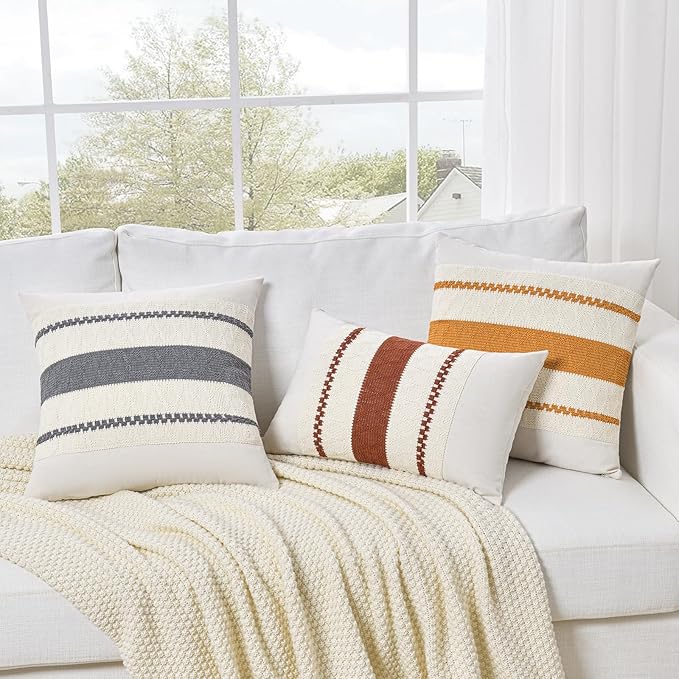 Fancy Homi Set of 2 Neutral Grey Farmhouse Decorative Throw Pillow Covers 22x22 Inch for Couch Bed Chair Indoors, Vintage Country Rustic Retro Room Decor, Soft Thick Cotton Handmade Woven Cushion Case