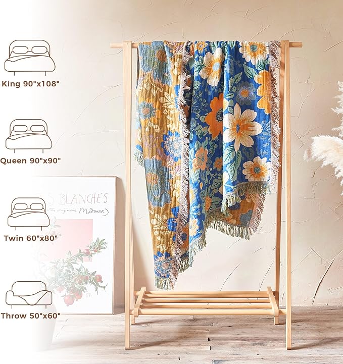 Boho Throw Blanket for Couch Sofa Chair Cotton Spring Blankets for Bedroom Living Room All Season Lightweight Reversible Floral Embroidery Throws 50"x60"