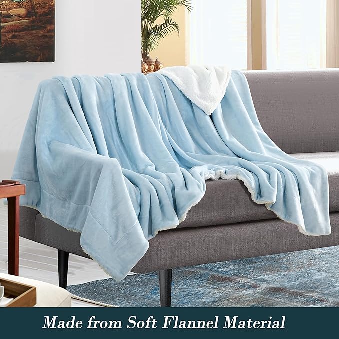 Mocassi Premium Ultra-Soft Flannel Fleece Sherpa Throw Blanket - Warm Cozy Reversible Plush Micromink Blanket for Couch, Bed and Sofa - Fluffy, Christmas Winter Bedding Gift, Twin, Aqua