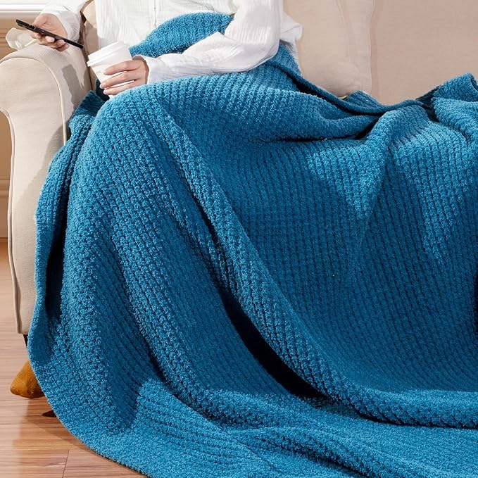 Waffle Knit Throw Blanket, Luxury Cozy Chunky Knit Throw Blanket for Couch, 50 x 60 Inch Thick Ultra-Soft Feather Yarn Knitted Blanket for Sofa, Bed, Home Decor - Blue