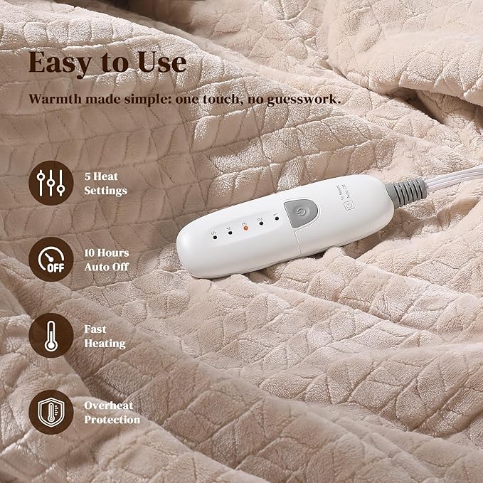 Twin Electric Blanket 62"x84" Heating Blanket Twin, Wheat Pattern Ultra-Soft Flannel & Thick Sherpa with 5 Heat Settings & 10 Hour Auto Shut-Off, ETL & FCC Certified, Machine Washable Home Use, Beige