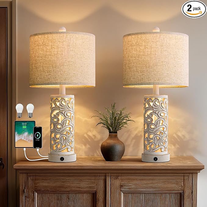22" Dual Light Table Lamps Set of 2 for Living Room, USB A+C Table Lamp for Bedroom, Farmhouse Lamps for Night Stands with Linen Shade for Home Office(Wash White, Bulb Included)