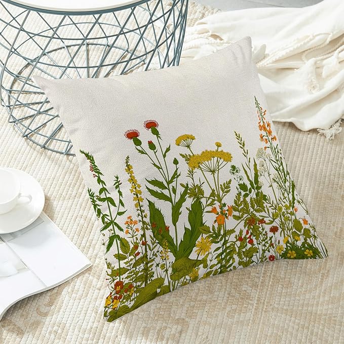AEIOAE Yellow and Green Pillow Covers 18x18 Inch Set of 2, Spring Wildflower Plant Throw Pillows Case,Seasonal Floral Outdoor Decorative Flowers Farmhouse Decor Cushion Covers for Home Sofa Bed Couch