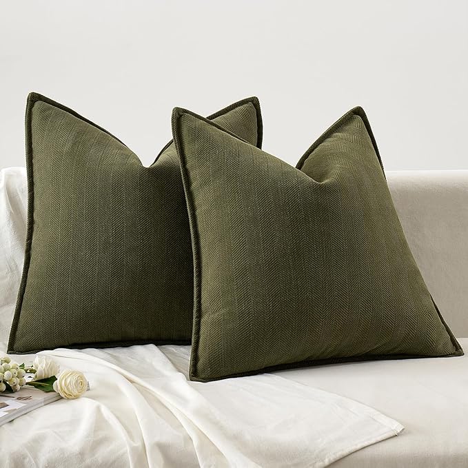 MIULEE Pack of 2 Olive Green Decorative Pillow Covers 18x18 Inch Soft Chenille Luxurious Couch Throw Pillows Farmhouse Cushion Covers with Elegant Design for Sofa Bedroom Living Room Home Decor