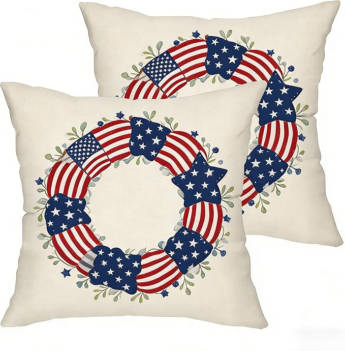 4th of July Patriotic Wreath Independence Day Throw Pillow Covers, American Flag Stars and Stripes Design, Set of 2 18x18 Pillows Linen Pillowcase