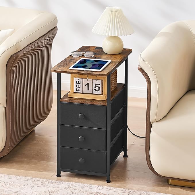 Narrow End Table with Charging Station, Narrow Side Table with 3 Fabric Drawers, Slim Nightstand with LED Light, Small Table with Storage, Living Room, Bedroom, Rustic Brown HKET1303BR