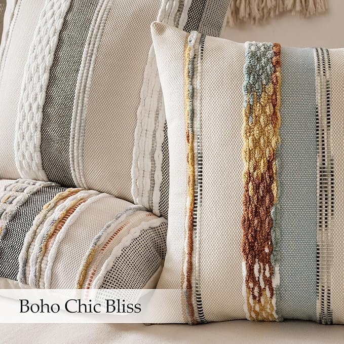 ANRODUO Pack of 2 Boho Decorative Throw Pillow Covers 24x24 Farmhouse Cushion Case Striped Chenille Pillow Cases Square Pillow Covers Accent Neutral Pillowcase for Sofa Couch Bed, Blue-Earth Tones