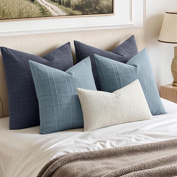 MIULEE Decorative Linen Check Euro Shams Throw Pillow Covers Neutral Farmhouse Vintage Pillow Covers 22x22 Set of 2 Boho Modern Home Decor for Sofa Couch Bedroom Cushion Navy Blue