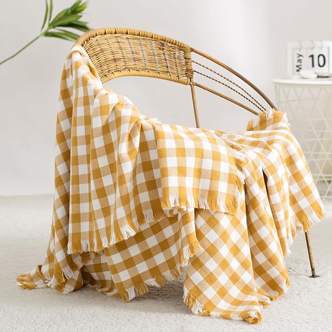 100% Cotton Throw Blanket Plaid Soft Lightweight Cozy Farmhouse Tassels Summer Thin Breathable Throws for Couch Sofa Bed (60" × 80" Yellow)
