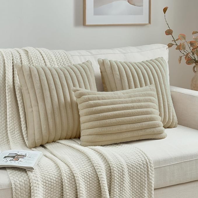FUTEI Beige Decorative Throw Pillow Covers Set of 2, 12x20 Inch Soft Fluffy Faux Fur Plush Striped Lumbar Pillowcases, Modern Home Decor for Couch Bed Living Room