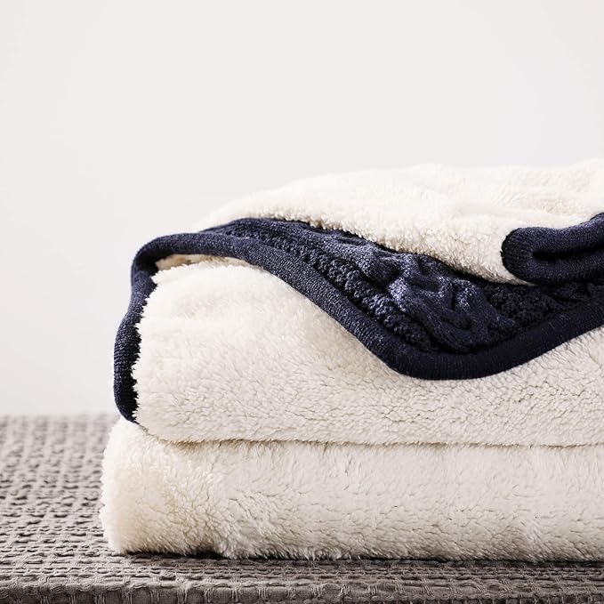 Longhui bedding Acrylic Cable Knit Sherpa Throw Blanket - Thick, Soft, Big, Cozy Navy Knitted Fleece Blankets for Couch, Sofa, Bed - Large 60 x 80 Inches Navy Blue Coverlet, 5.2 Pounds