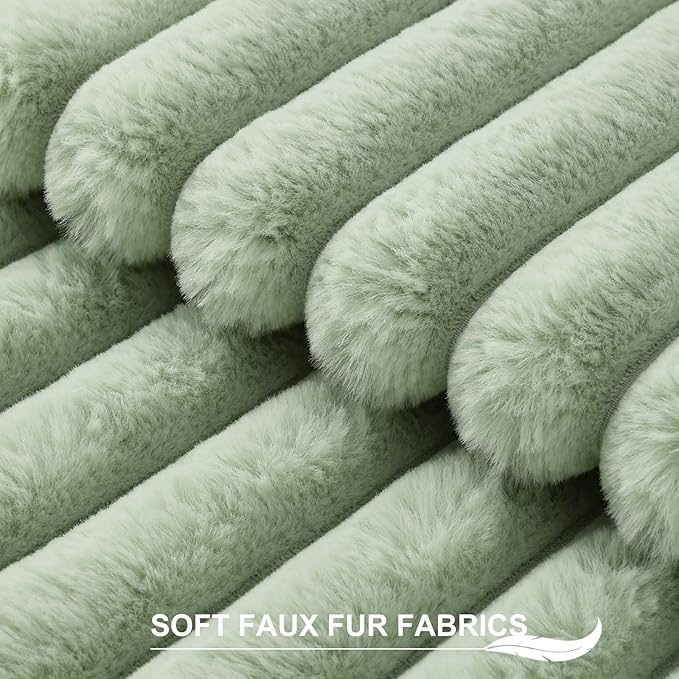 Pallene Faux Fur Plush Spring Throw Pillow Covers 24x24 Set of 2, Luxury Soft Fluffy Striped Decorative Pillow Covers for Sofa, Couch, Living Room, Sage Green