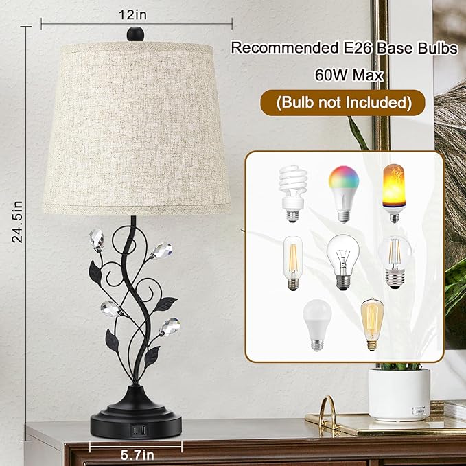 24.5in Farmhouse Table Lamps Set of 2, Rustic Bedroom Lamps with 2 USB Charging Ports, Cream Fabric Shade, Metal & Crystal Finish