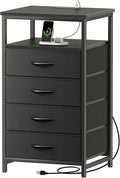 Huuger Night Stand with Charging Station, 4 Drawer Dresser for Bedroom, Bedside Table, 33.9 Inch Tall Nightstand with Open Shelf, End Table, for Closet, Entryway, Bedroom, Black
