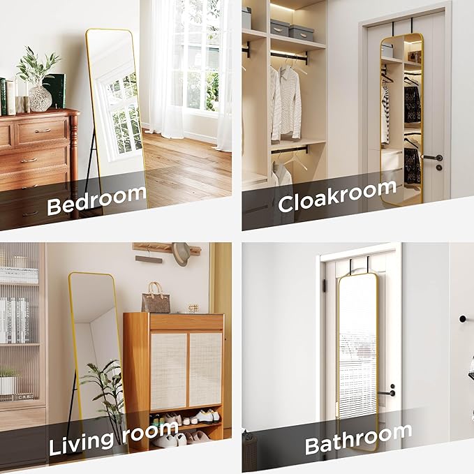 57x16 Door Hanging Full Length Mirror, Floor Stand (Height 5.7ft just Body in1.3ft) Wall Mounted Metal Frame Rectangle Dressing Mirrors for Bedroom Bathroom Room 57 inch Gold