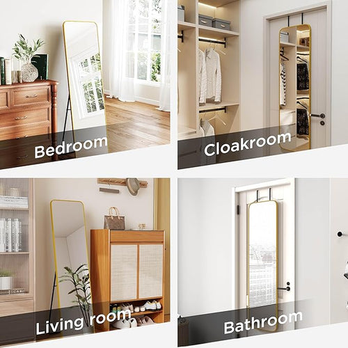 57x16 Door Hanging Full Length Mirror, Floor Stand (Height 5.7ft just Body in1.3ft) Wall Mounted Metal Frame Rectangle Dressing Mirrors for Bedroom Bathroom Room 57 inch Gold