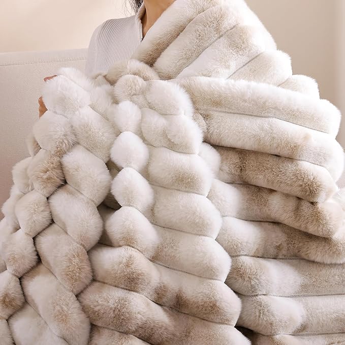 Smoofy Fluffy Faux Fur Throw Blanket - Super Soft Thick Plush Cozy Fuzzy Rabbit Fur, Luxury Warm Fleece Minky Stripe Blanket for Couch, Sofa, Room Decor Gift for Women, Tie Dye Brown Throw, 50x60