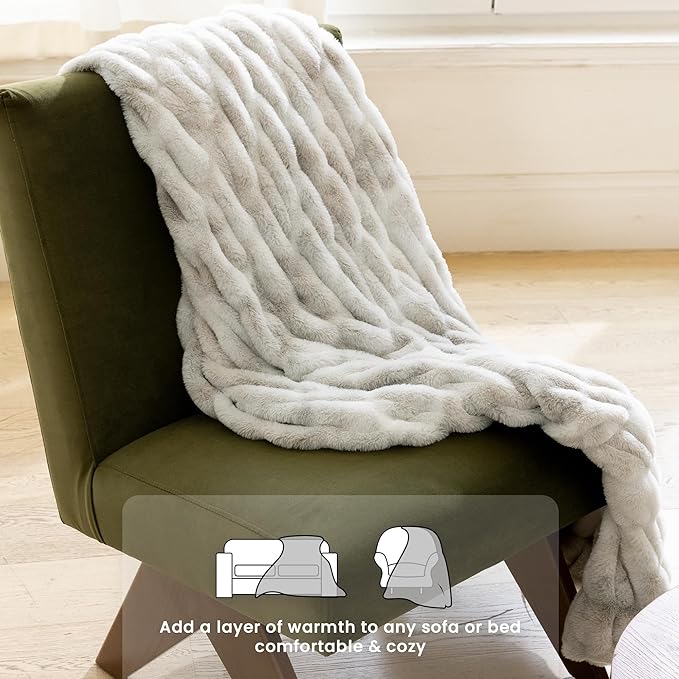Ultra Soft Faux Rabbit Fur Throw Blanket, Cozy Fuzzy Blanket for Couch Bed, Plush Warm Decor, Luxury Thick Fluffy Blanket for Women,50x60 inches, Tie-Dyed in White and Gray