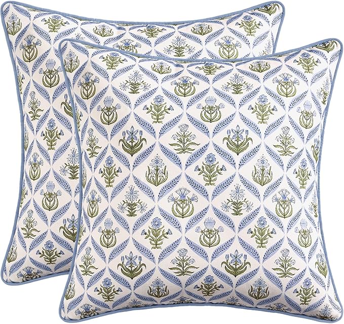 MIULEE Floral Throw Pillow Covers 18x18 Set of 2 Blue and Green Spring Decorative Block Print Cotton Cushion Covers for Couch Living Room, Modern Outdoor Sofa Vintage Garden Pillowcases Home Decor