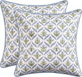 MIULEE Floral Throw Pillow Covers Spring Decorative Block Print Cotton Cushion Covers for Couch Living Room, Modern Outdoor Sofa Vintage Garden Pillowcases Home Decor,20" x 20" (Pack of 2)Blue Green