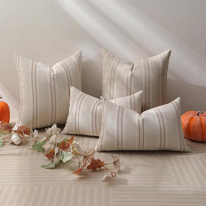 Hckot Fall Throw Pillow Covers 18x18 Set of 2 Striped Pillow Covers Textured Linen Decorative Pillows Square Cushion Covers for Sofa Couch Bed Living Room Farmhouse Decor(Caramel)