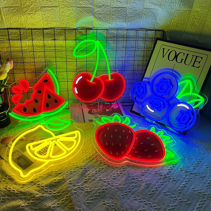 Blueberry Neon Sign for Wall Decor, Dimmable Fruit Blueberry Neon Lights, Vibrant Fruit Themed Neon LED Signs for Kids Room, Bedroom, Restaurant, Bar, Club, Fruit Shop, Birthday Party