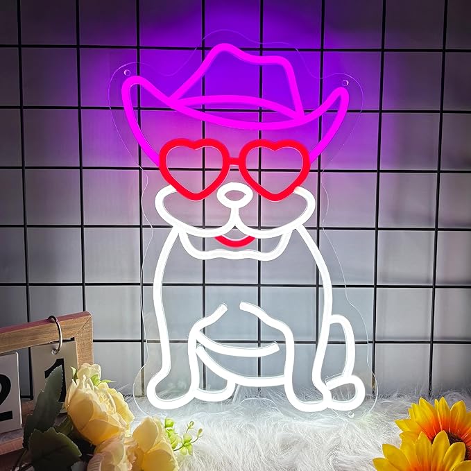 Cowboy French Bulldog Neon Sign, French Bulldog LED Sign for Wall Decor, Cute Cowboy Dog Led Light Sign for Pet Shop, Bedroom, Home Wall Decor, Party Decor, Gift for Dog Lover and Bulldog Fans
