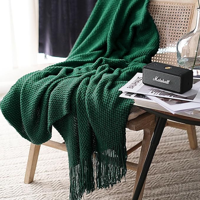 LOMAO Knitted Throw Blanket with Tassels Bubble Textured Lightweight Throws for Couch Cover Home Decor (Green, 60x80)