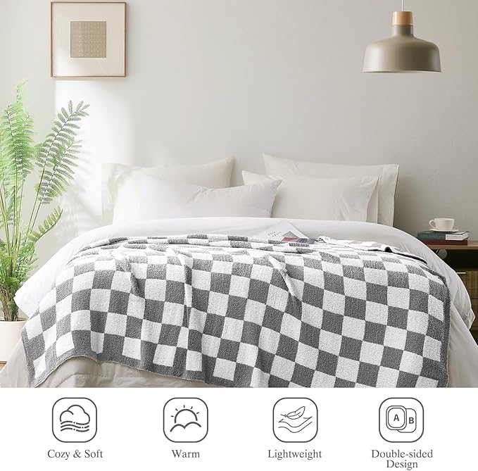 Checkered Throw Blanket, Light Grey Soft Cozy Fluffy Knitted Throw Blankets for Couch, Sofa, Bed, Chair, Warm Fuzzy Travel Picnic Lightweight Plaid Blanket, 50x70 inches