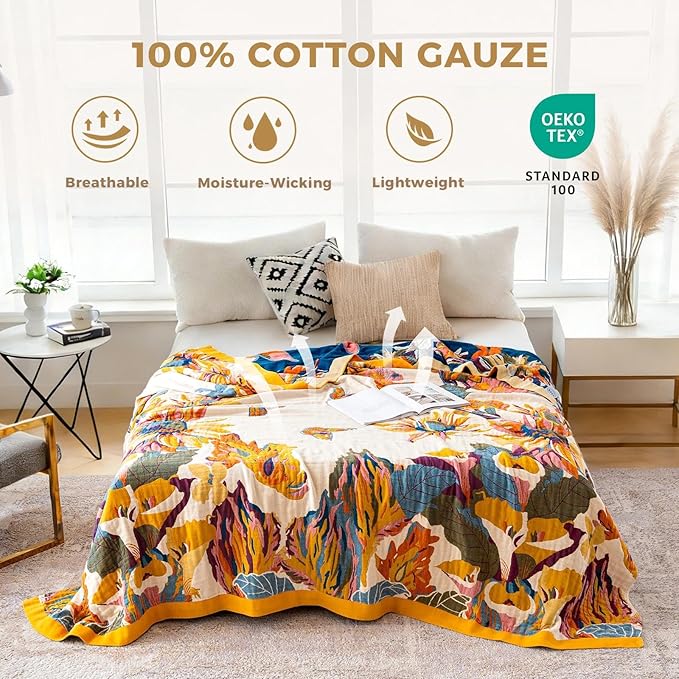 Boho Throw Blanket for Bed 100% Cotton Soft Lightweight Quilt Floral Butterfly Embroidery Home Decor Spring Bed Blankets,98"x98" All Season Reversible Blankets for Sofa Couch Chair