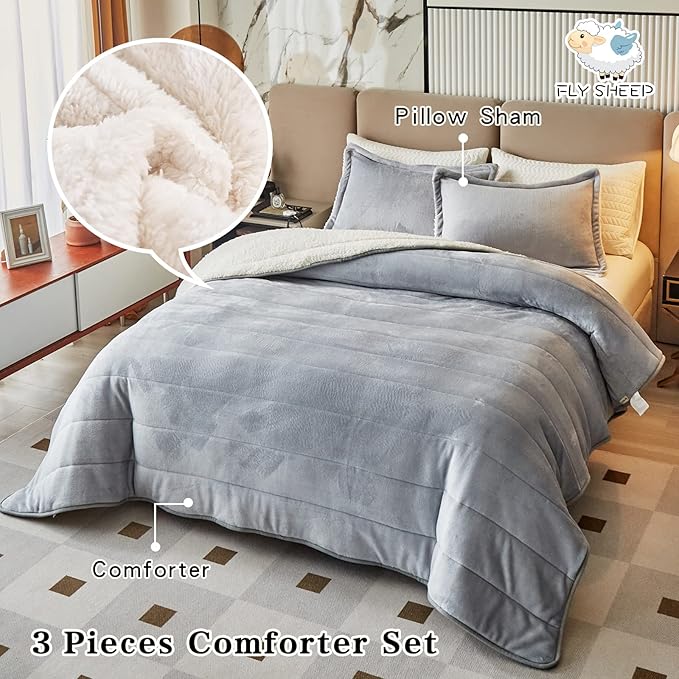 3-Layer Luxury Flannel Fleece Thick Bed Blanket Twin Size, Soft Plush Velvet Sherpa Blanket with 2 Pillow Shams Heavy Warm for Winter, Breathable n Washable, Gray