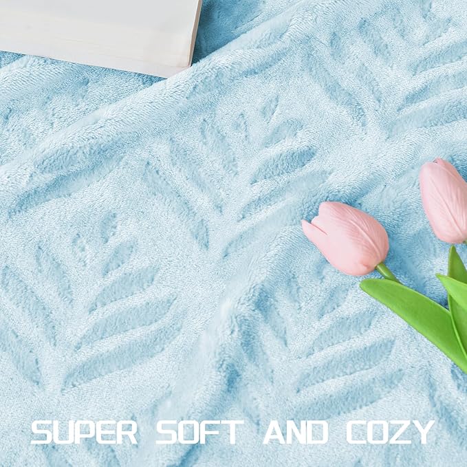 Exclusivo Mezcla Fleece Throw Blanket for Couch, Super Soft and Cozy Blankets All Season Use, Leaves Pattern, Plush Fuzzy Lightweight, Ice Blue, 50x60 Inch
