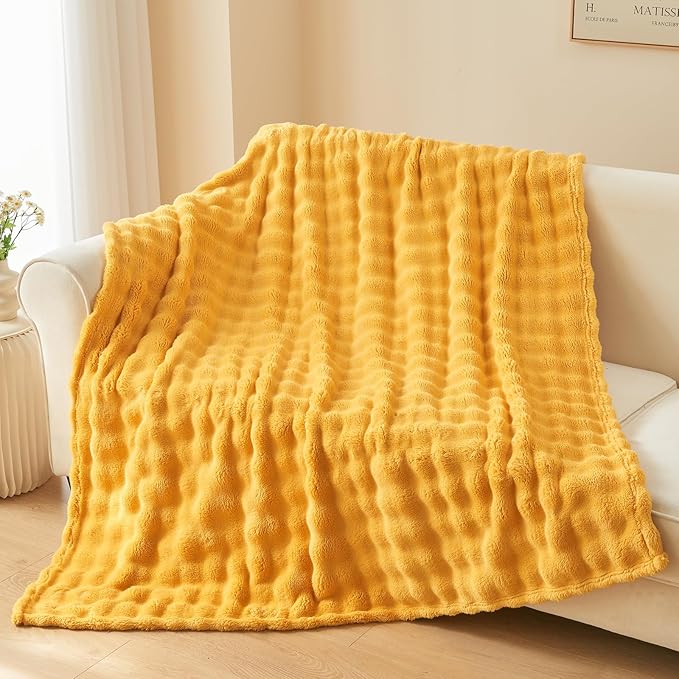 NEWCOSPLAY Throw Blanket for Couch Mustard Yellow Super Soft Flannel Fleece 3D Bubble Lightweight Bed Blanket All Season Use (Mustard Yellow, Throw(50"x60"))