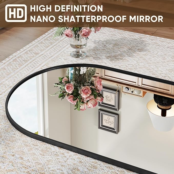 Antok Full Length Mirror, 76"x44" Floor Mirror with Stand, Hanging Mounted Mirrors for Bedroom, Living Room, Cloakroom, Dining Room, Black, Arched
