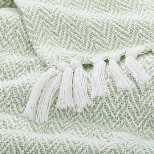 Americanflat 50x60 Throw Blanket - Soft and Breathable Cotton Throw Blanket for Couch, Bed, Chair - Decorative Blankets Perfect for Home or Outdoor Use - Light Green and White Herringbone Design