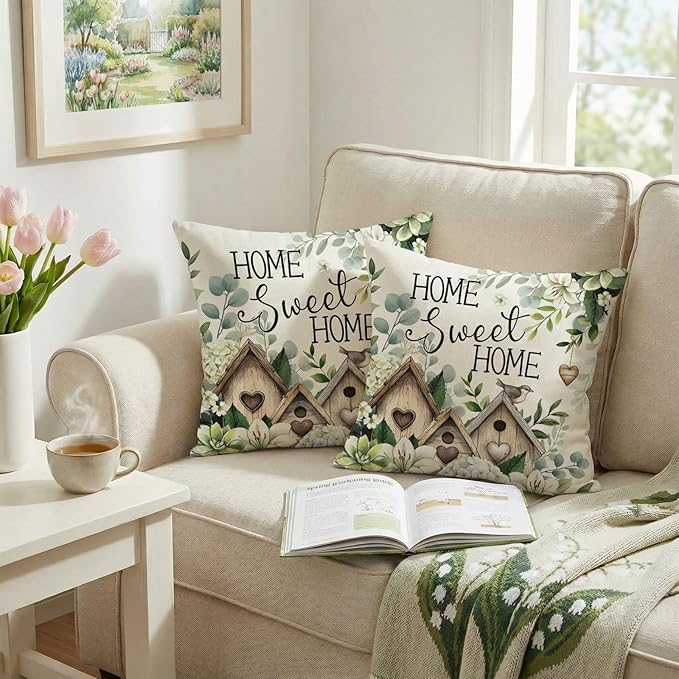 GEEORY Spring Home Sweet Home Pillow Covers Set of 2, 18x18 Inch Farmhouse Birdhouse Eucalyptus Decor Throw Pillow Cases for Sofa, Bedroom, Living Room